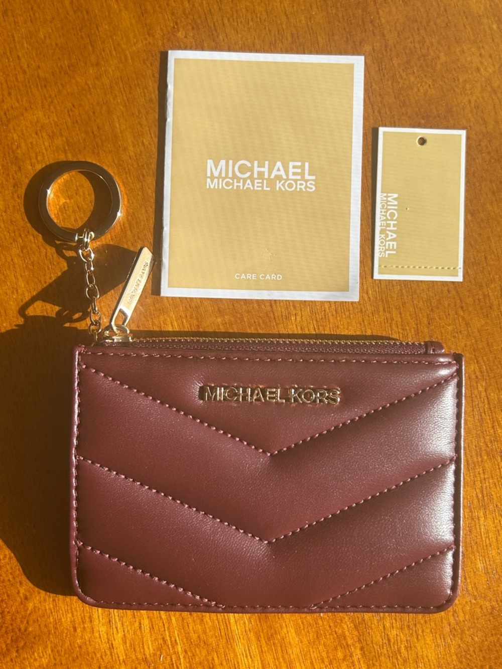 Michael Kors Burgundy Quilted Leather Card Case with Key Ring